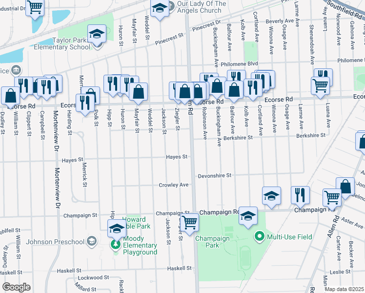 map of restaurants, bars, coffee shops, grocery stores, and more near 7577 Ziegler St in Taylor