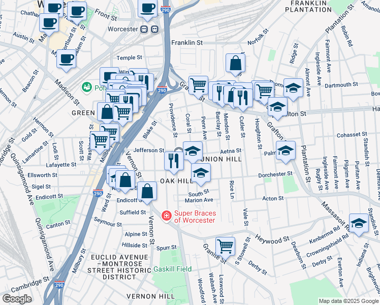 map of restaurants, bars, coffee shops, grocery stores, and more near 9 Aetna Street in Worcester