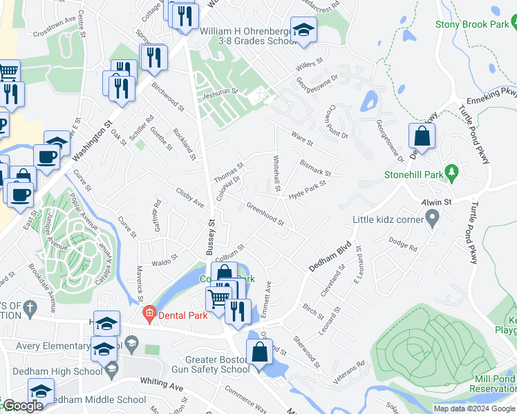 map of restaurants, bars, coffee shops, grocery stores, and more near 52 Greenhood Street in Dedham