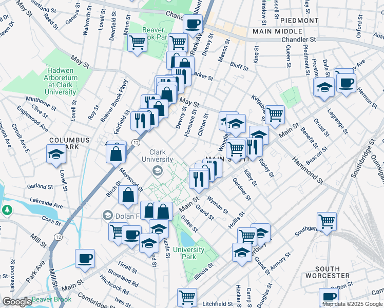 map of restaurants, bars, coffee shops, grocery stores, and more near 37 Clifton Street in Worcester