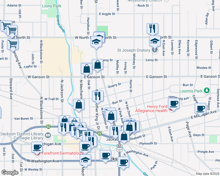 map of restaurants, bars, coffee shops, grocery stores, and more near 409 Quarry Street in Jackson
