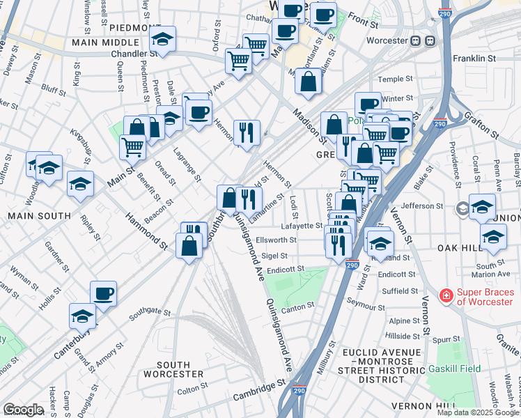 map of restaurants, bars, coffee shops, grocery stores, and more near 100 Lamartine Street in Worcester