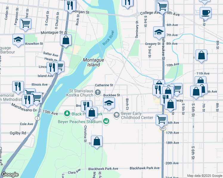 map of restaurants, bars, coffee shops, grocery stores, and more near 1315 Seminary Street in Rockford