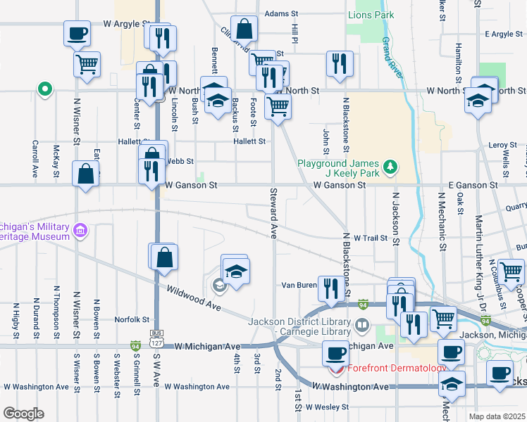map of restaurants, bars, coffee shops, grocery stores, and more near 507 Oakhill Avenue in Jackson