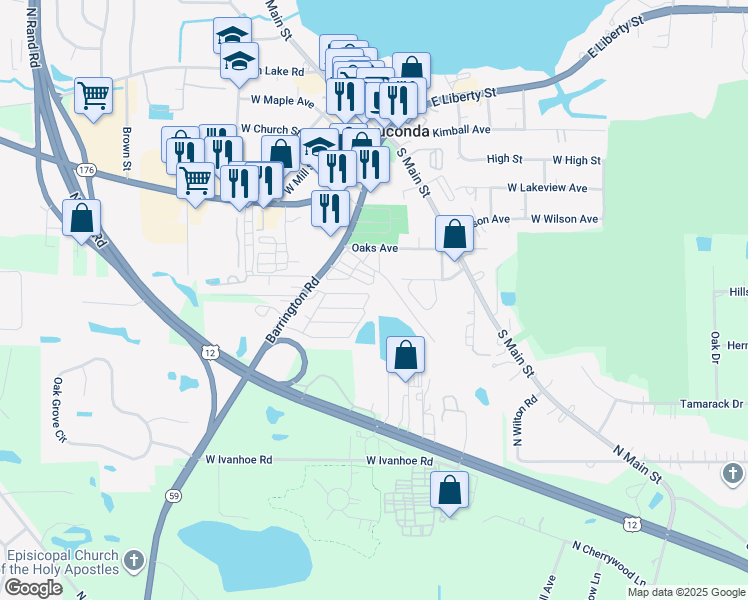 map of restaurants, bars, coffee shops, grocery stores, and more near 92 Delo Drive in Wauconda