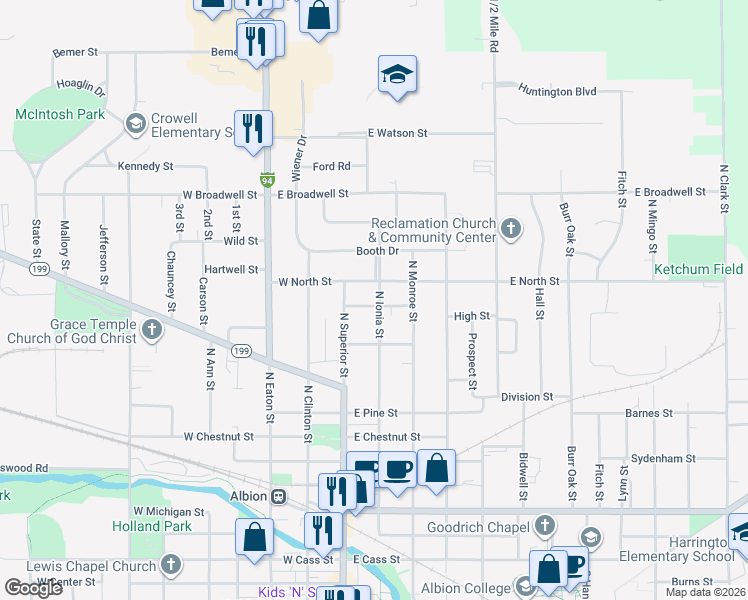 map of restaurants, bars, coffee shops, grocery stores, and more near 915 North Ionia Street in Albion