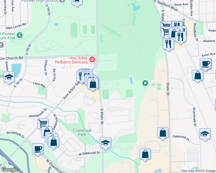 map of restaurants, bars, coffee shops, grocery stores, and more near 2297 South Main Street in Ann Arbor