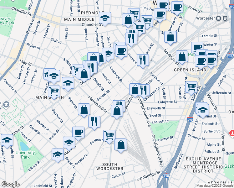 map of restaurants, bars, coffee shops, grocery stores, and more near 72 Oread Street in Worcester