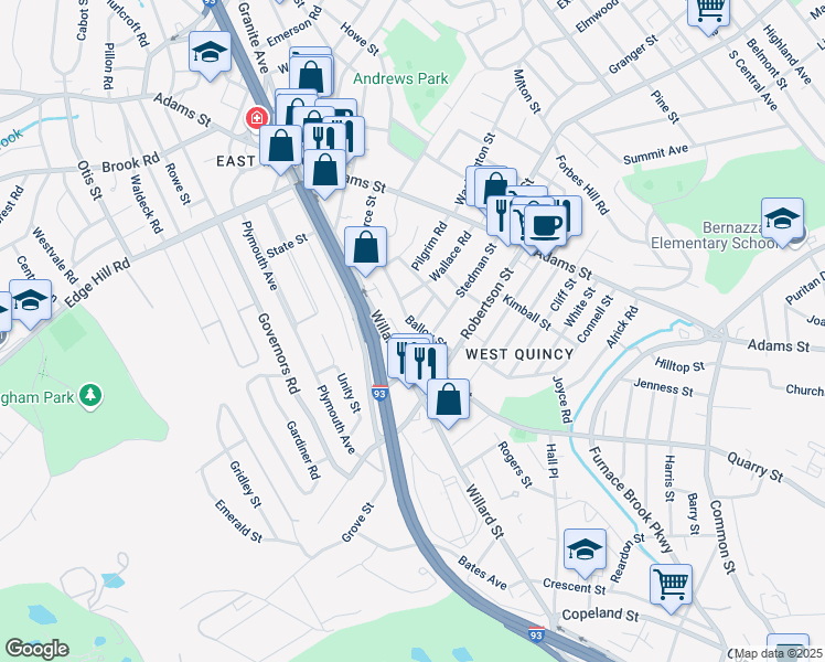 map of restaurants, bars, coffee shops, grocery stores, and more near 38 Ballou Street in Quincy