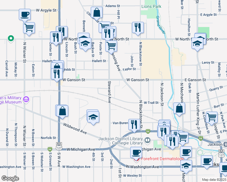 map of restaurants, bars, coffee shops, grocery stores, and more near 513 Steward Avenue in Jackson