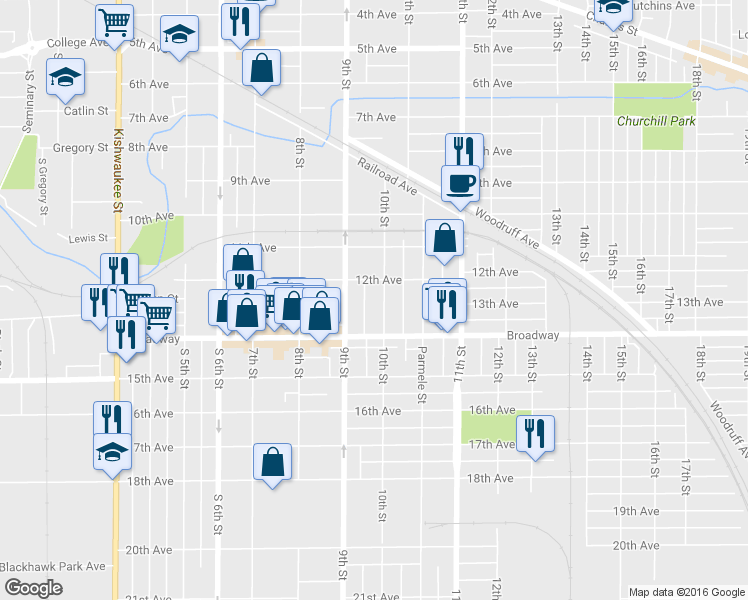 map of restaurants, bars, coffee shops, grocery stores, and more near 1319 10th Street in Rockford