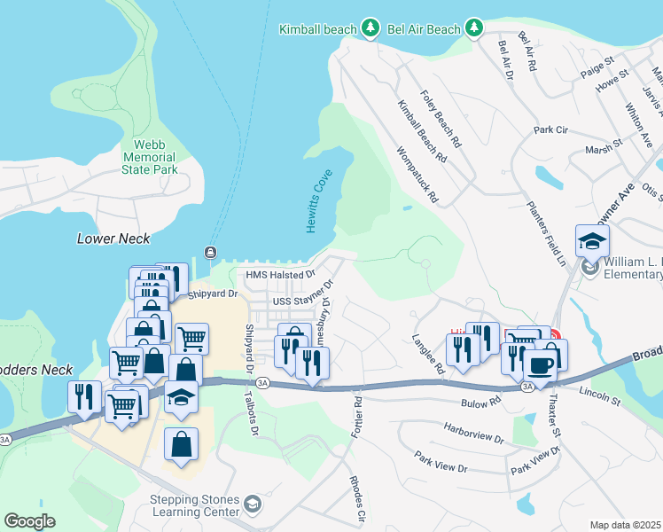 map of restaurants, bars, coffee shops, grocery stores, and more near 172 HMS Stayner Drive in Hingham
