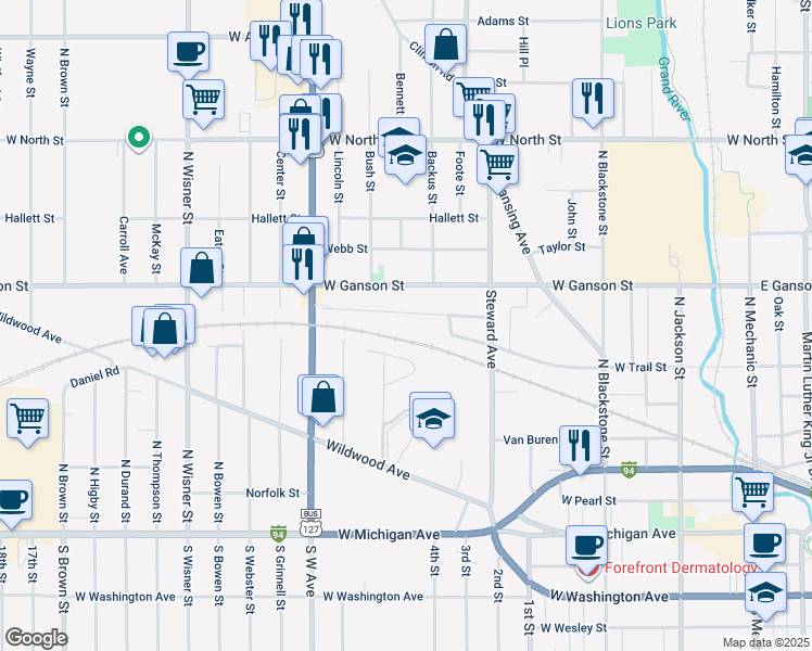 map of restaurants, bars, coffee shops, grocery stores, and more near 637 Oakhill Avenue in Jackson