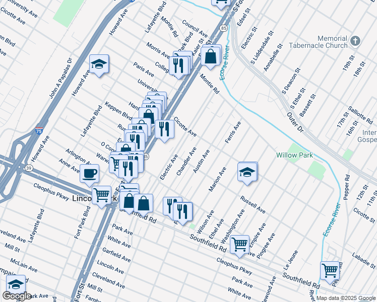 map of restaurants, bars, coffee shops, grocery stores, and more near 1428 Chandler Avenue in Lincoln Park