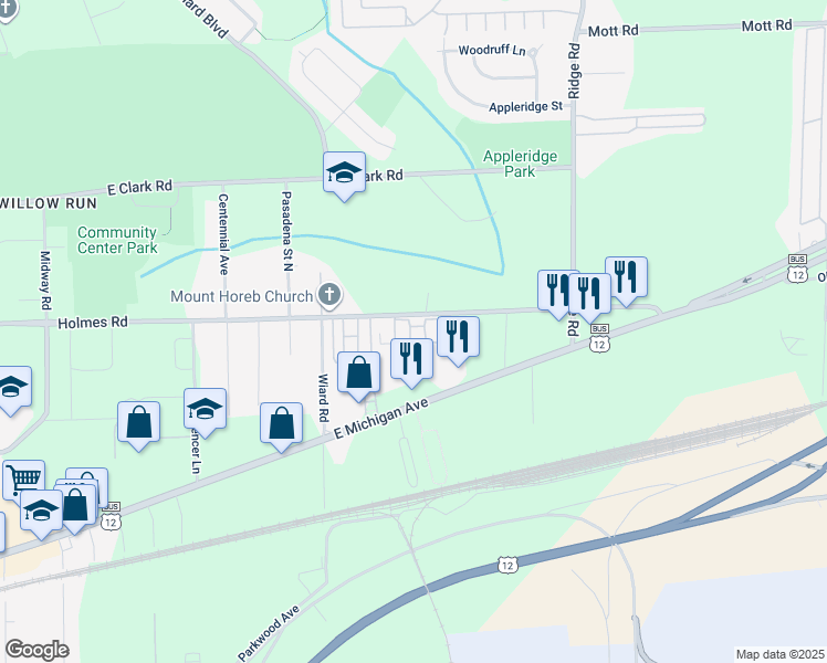 map of restaurants, bars, coffee shops, grocery stores, and more near 2580 Holmes Road in Ypsilanti
