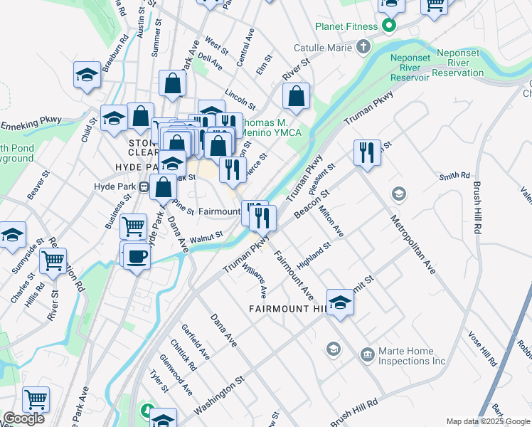 map of restaurants, bars, coffee shops, grocery stores, and more near 5 Warren Avenue in Boston