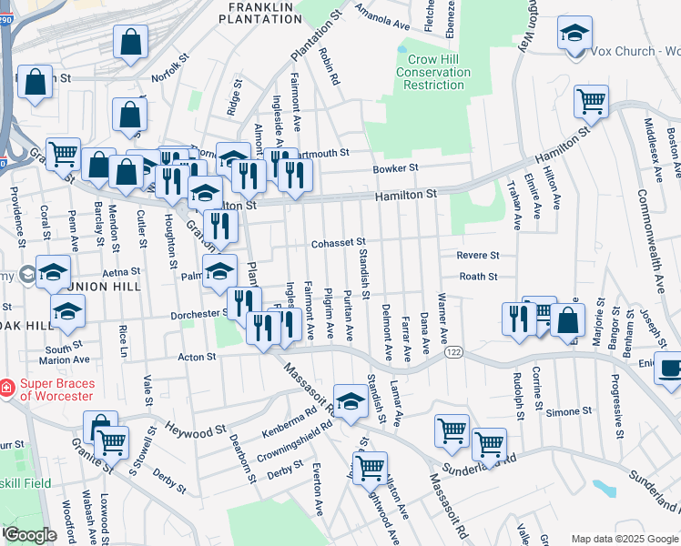 map of restaurants, bars, coffee shops, grocery stores, and more near 161 Pilgrim Avenue in Worcester