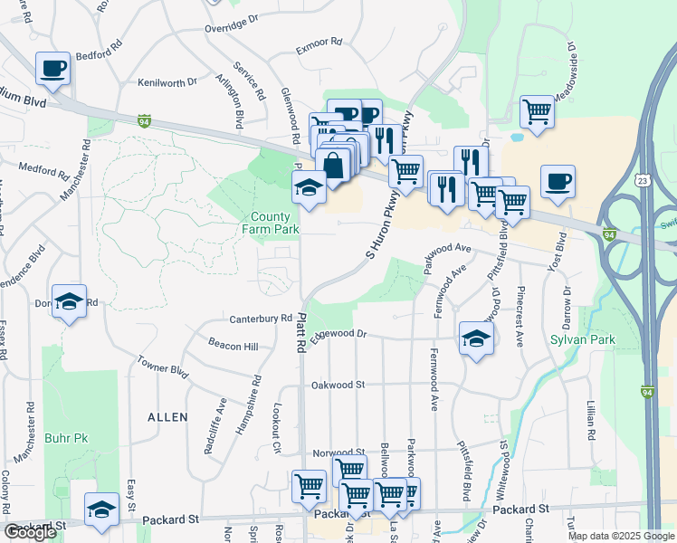 map of restaurants, bars, coffee shops, grocery stores, and more near 2350 South Huron Parkway in Ann Arbor
