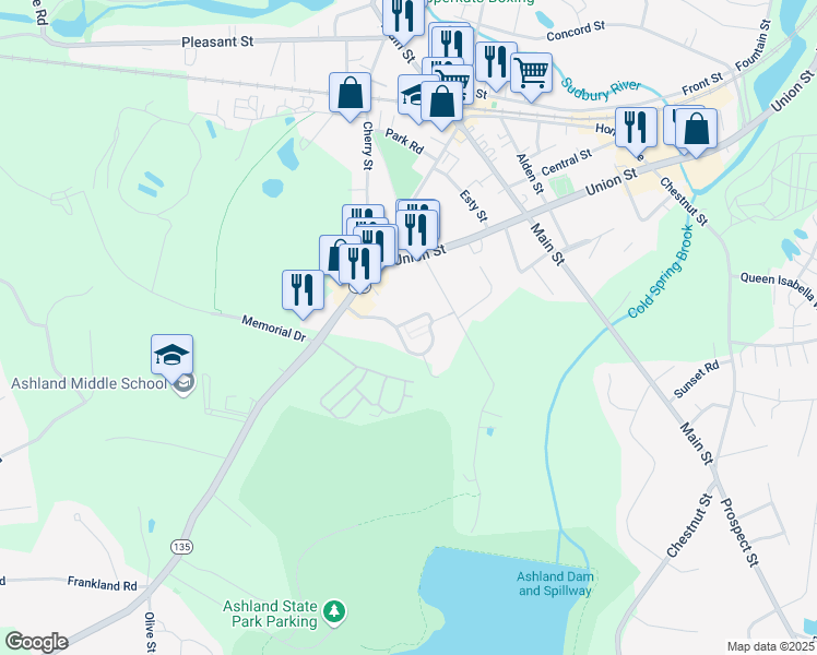 map of restaurants, bars, coffee shops, grocery stores, and more near 52 Presidents Row in Ashland