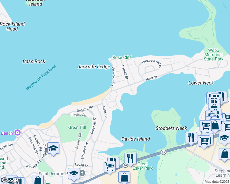 map of restaurants, bars, coffee shops, grocery stores, and more near 51 River Street in Weymouth