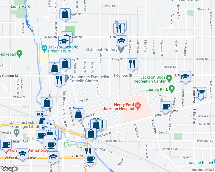 map of restaurants, bars, coffee shops, grocery stores, and more near 516 North State Street in Jackson