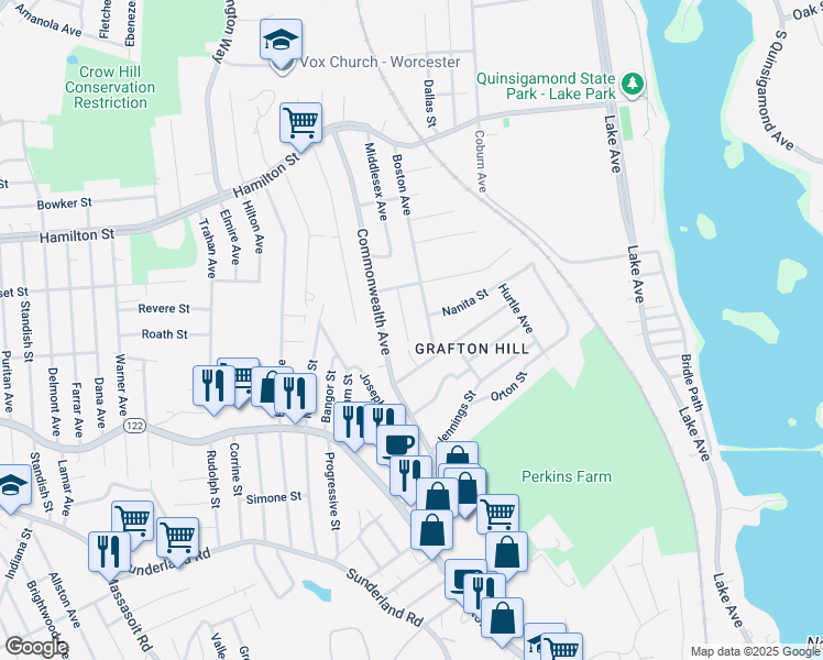 map of restaurants, bars, coffee shops, grocery stores, and more near 87 Middlesex Avenue in Worcester