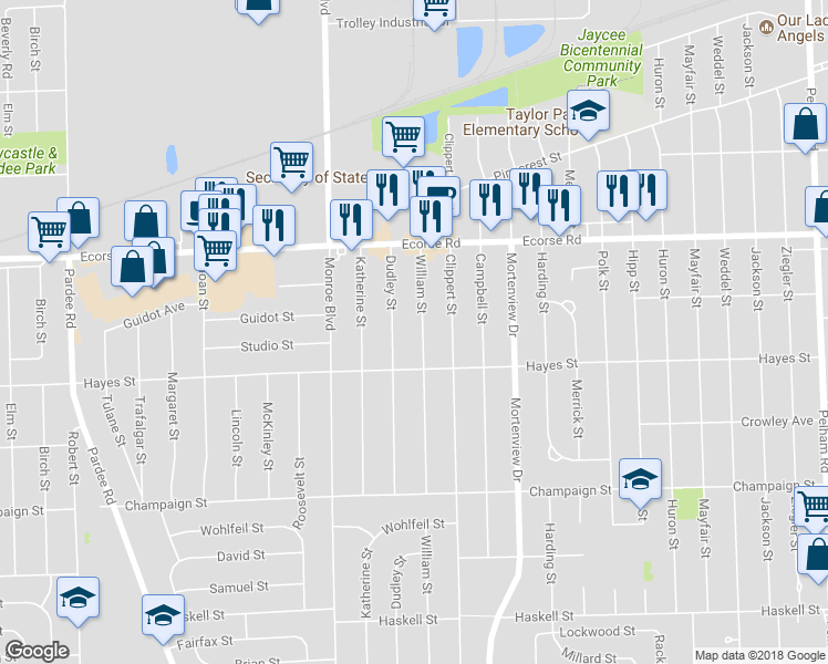 map of restaurants, bars, coffee shops, grocery stores, and more near 7584 William Street in Taylor