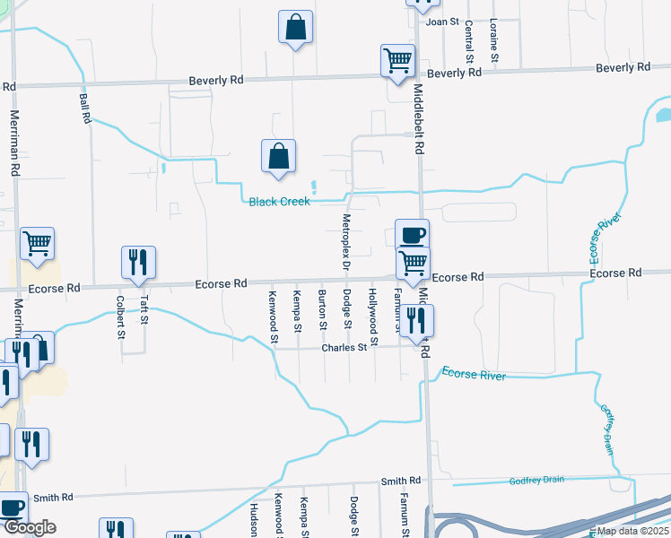 map of restaurants, bars, coffee shops, grocery stores, and more near 29750 Ecorse Road in Romulus