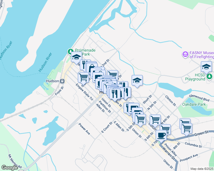 map of restaurants, bars, coffee shops, grocery stores, and more near 252 Prison Alley in Hudson