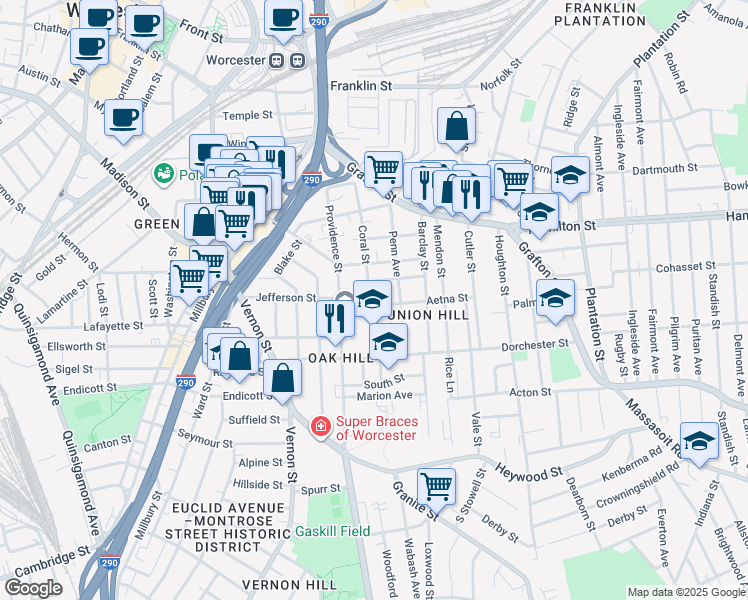 map of restaurants, bars, coffee shops, grocery stores, and more near 13 Aetna Street in Worcester
