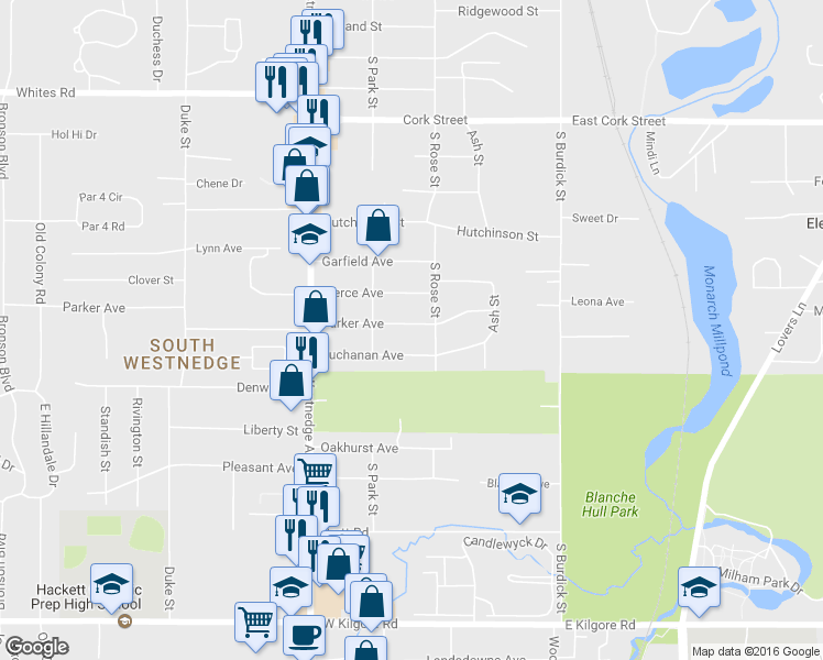 map of restaurants, bars, coffee shops, grocery stores, and more near 217 Parker Avenue in Kalamazoo