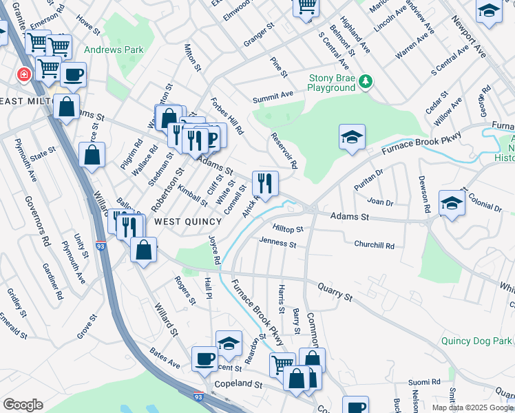 map of restaurants, bars, coffee shops, grocery stores, and more near 550 Adams Street in Quincy