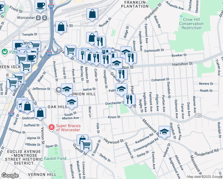map of restaurants, bars, coffee shops, grocery stores, and more near 47 Houghton Street in Worcester