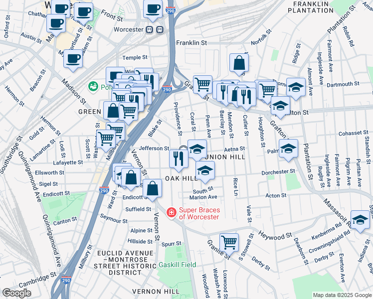 map of restaurants, bars, coffee shops, grocery stores, and more near 9 Aetna Street in Worcester
