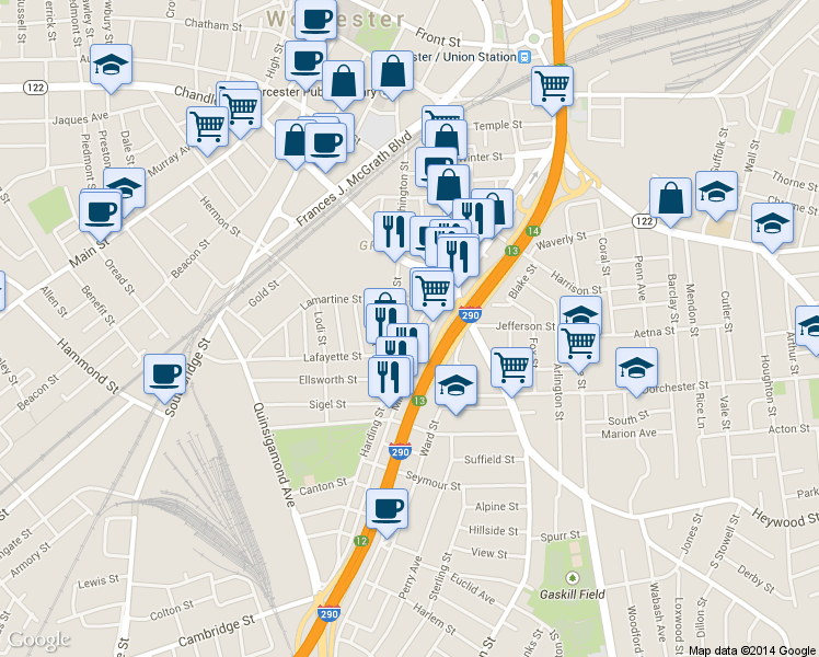 map of restaurants, bars, coffee shops, grocery stores, and more near 64 Millbury Street in Worcester