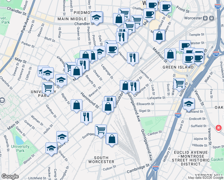 map of restaurants, bars, coffee shops, grocery stores, and more near 72 Oread Street in Worcester