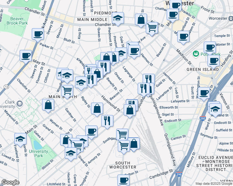 map of restaurants, bars, coffee shops, grocery stores, and more near 140 Beacon Street in Worcester
