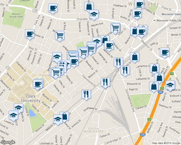 map of restaurants, bars, coffee shops, grocery stores, and more near 140 Beacon Street in Worcester