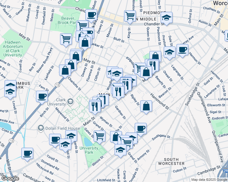 map of restaurants, bars, coffee shops, grocery stores, and more near in Worcester