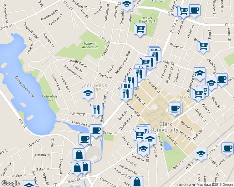 map of restaurants, bars, coffee shops, grocery stores, and more near 98 Maywood Street in Worcester