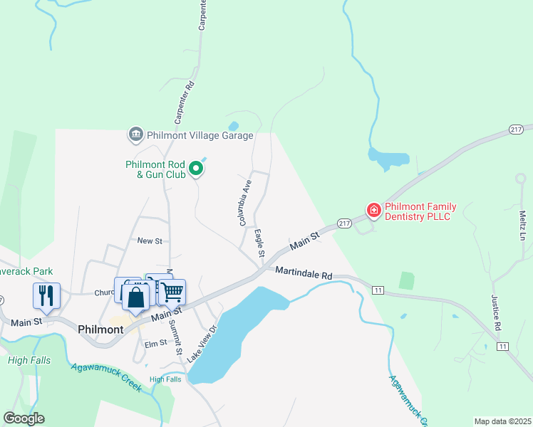 map of restaurants, bars, coffee shops, grocery stores, and more near 27 Eagle Street in Hudson