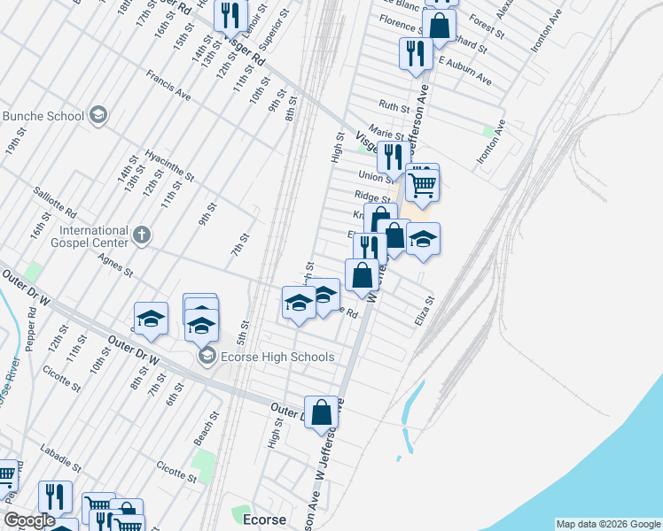 map of restaurants, bars, coffee shops, grocery stores, and more near 33 West Charlotte Street in Ecorse