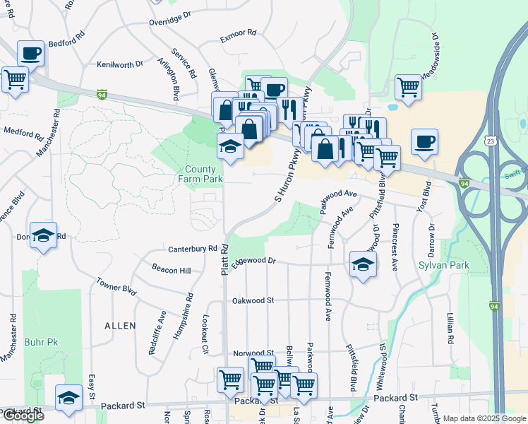 map of restaurants, bars, coffee shops, grocery stores, and more near 2350 South Huron Parkway in Ann Arbor