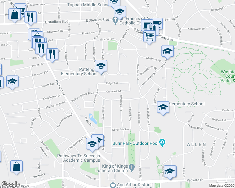 map of restaurants, bars, coffee shops, grocery stores, and more near 2000 Camelot Road in Ann Arbor