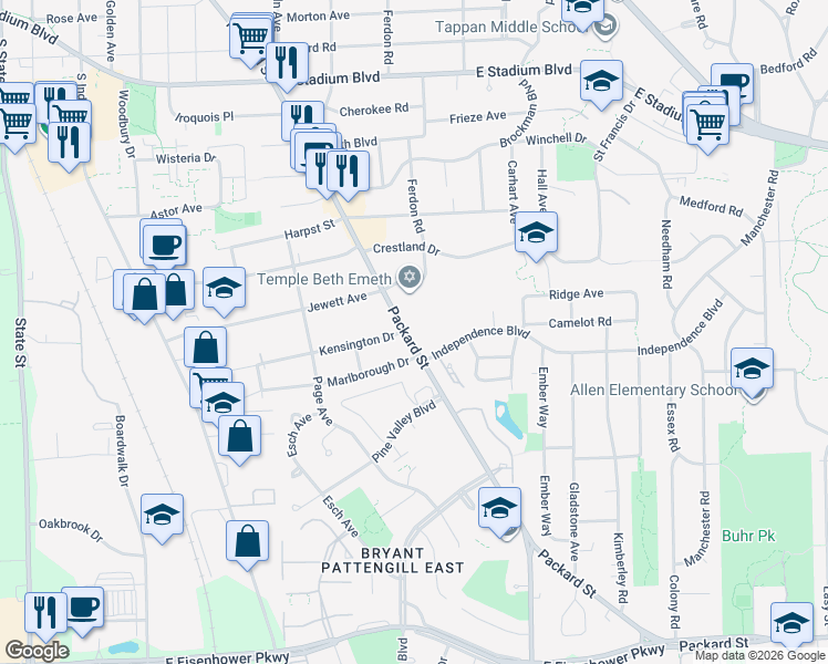 map of restaurants, bars, coffee shops, grocery stores, and more near 2407 Packard Street in Ann Arbor