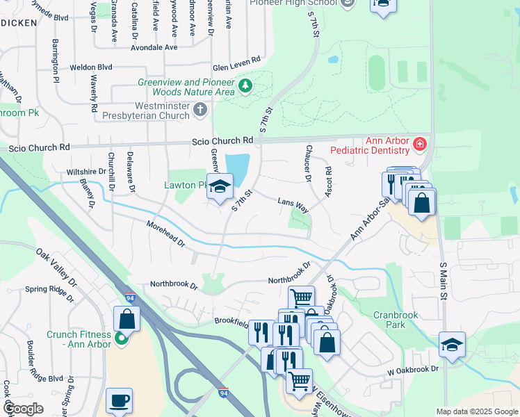 map of restaurants, bars, coffee shops, grocery stores, and more near 2230 Tilsby Court in Ann Arbor