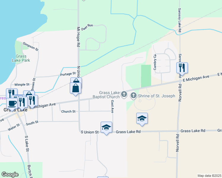 map of restaurants, bars, coffee shops, grocery stores, and more near 880 East Michigan Avenue in Grass Lake