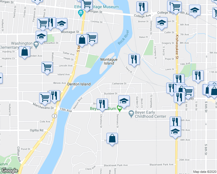 map of restaurants, bars, coffee shops, grocery stores, and more near 1303 Magnolia Street in Rockford