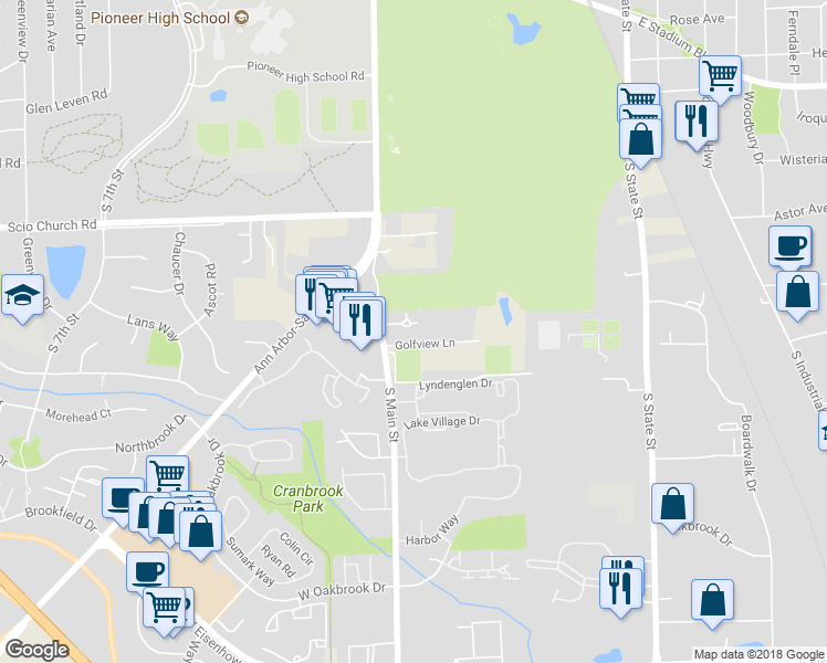 map of restaurants, bars, coffee shops, grocery stores, and more near 2295 South Main Street in Ann Arbor