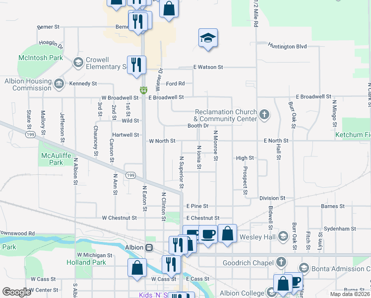 map of restaurants, bars, coffee shops, grocery stores, and more near 918 North Superior Street in Albion